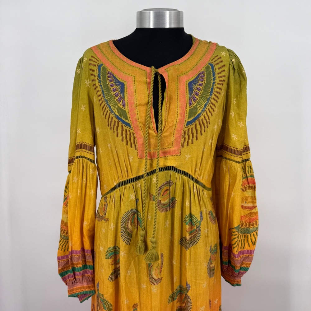 Farm Rio Yellow Ombre Bird Print Metallic Lurex Maxi Dress Womens Medium Boho - Picture 5 of 16